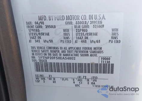 1999 Ford F-250 Lariat/Xl/Xlt z USA, uszkodzony, nr VIN 1FTNF20F5XEA54802